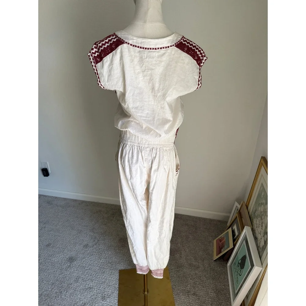 Flannel Austrailia Burgundy Cream Embroidered Cotton Jumpsuit Boho Chic Small - Picture 7 of 15